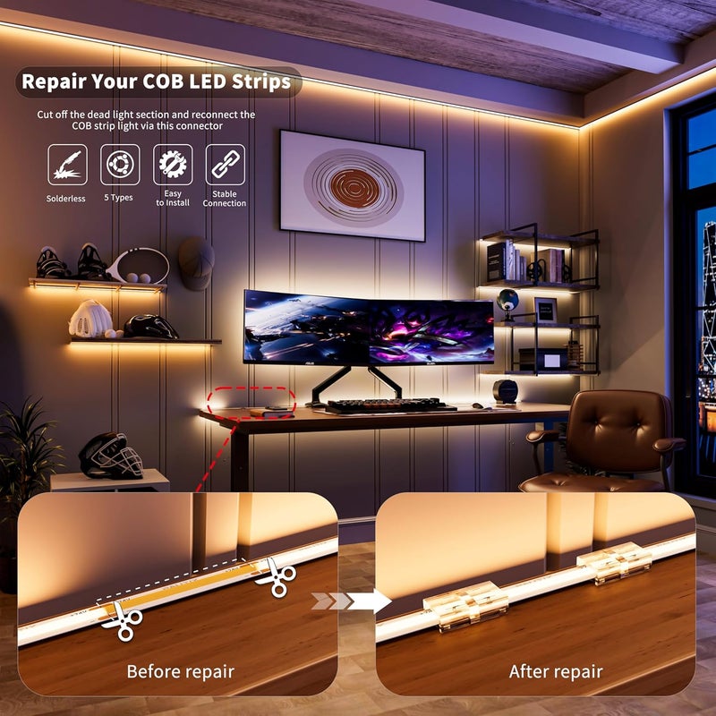 PAUTIX 8mm Connectors for 2-Pin COB LED Strip Lights,4pcs Transparent Gapless Connectors,4pcs Dual End,1pc Single to DC Female Plug 7.9in Extension Wire,2pcs L-shaped Connectors,1pc T-shaped Connector - Image 5